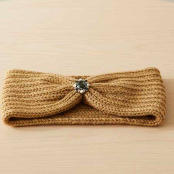 2/$21 Ladies Tan Vintage Style Jewel Knitted Winter Headband - Picture 3 of 6